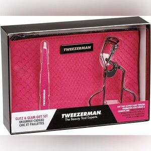 Tweezerman Glitz Glam Gift Set Gunmetal Pink Tweezers Eyelash Curler Makeup Bag
